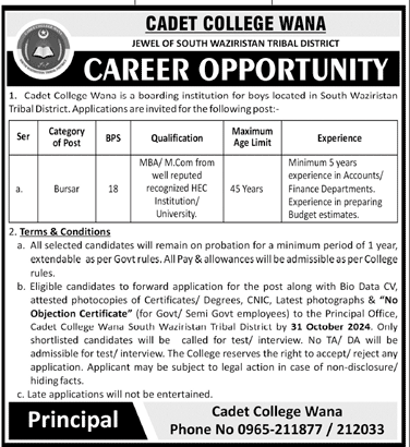 cadet college wana jobs