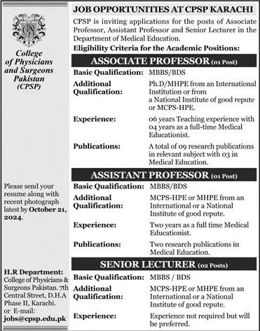 college of physicians and surgeons pakistan cpsp jobs