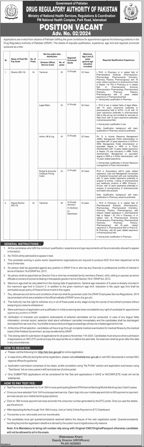 drug regulatory authority of pakistan jobs