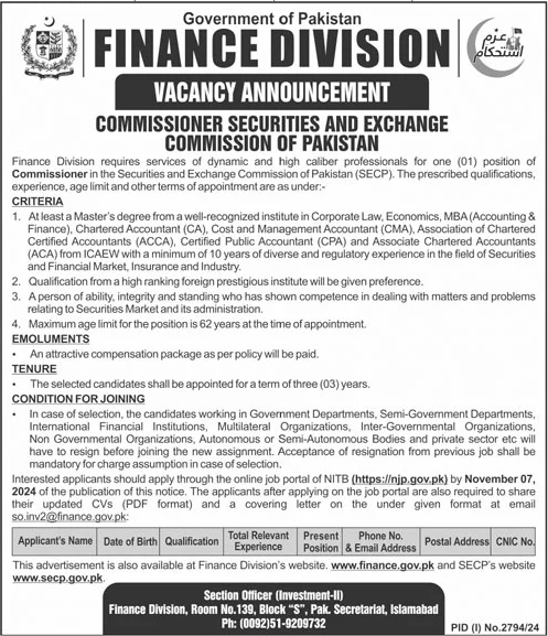 finance division government of pakistan jobs