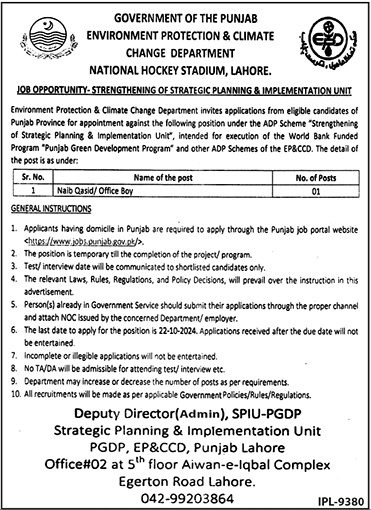 government of the punjab environment protection & climate change department jobs