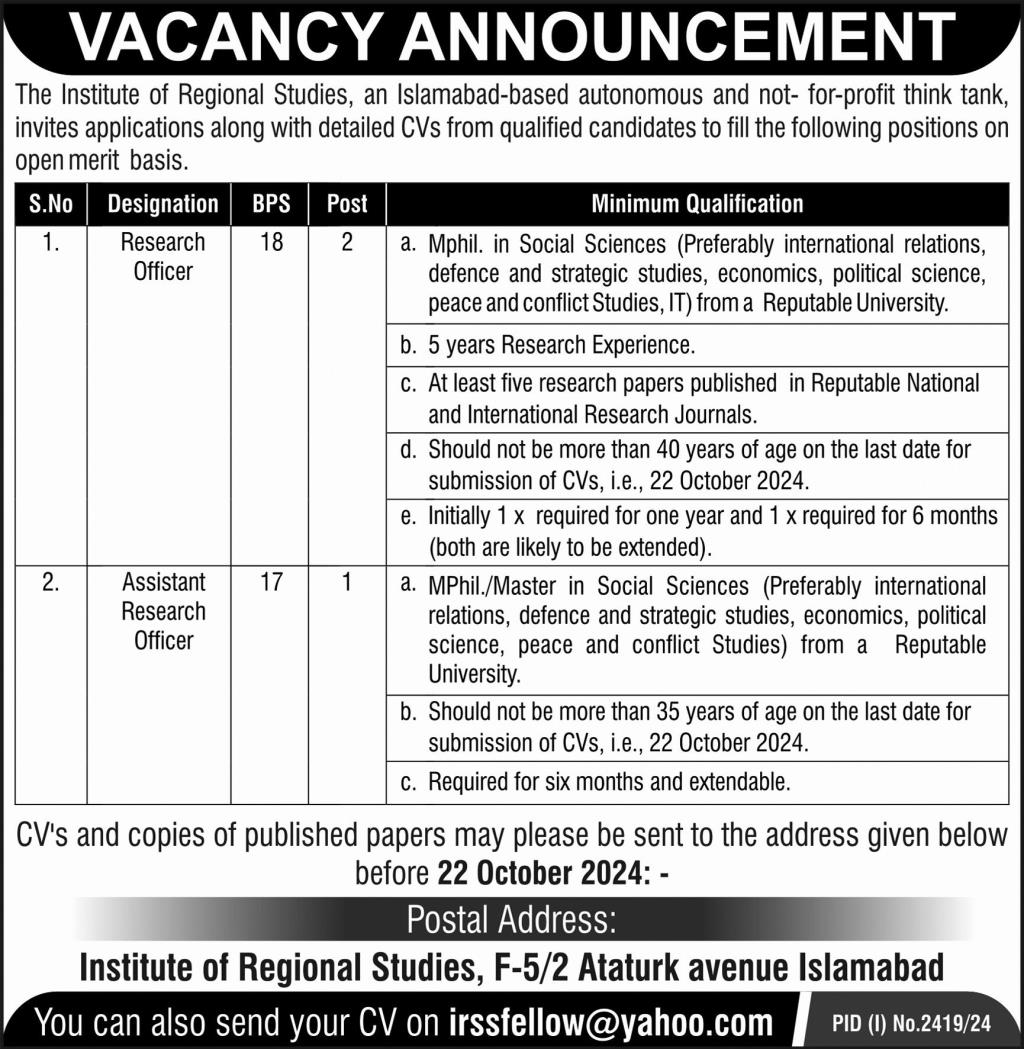 institute of regional studies jobs