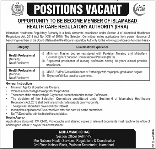 islamabad health care regulatory authority ihra jobs