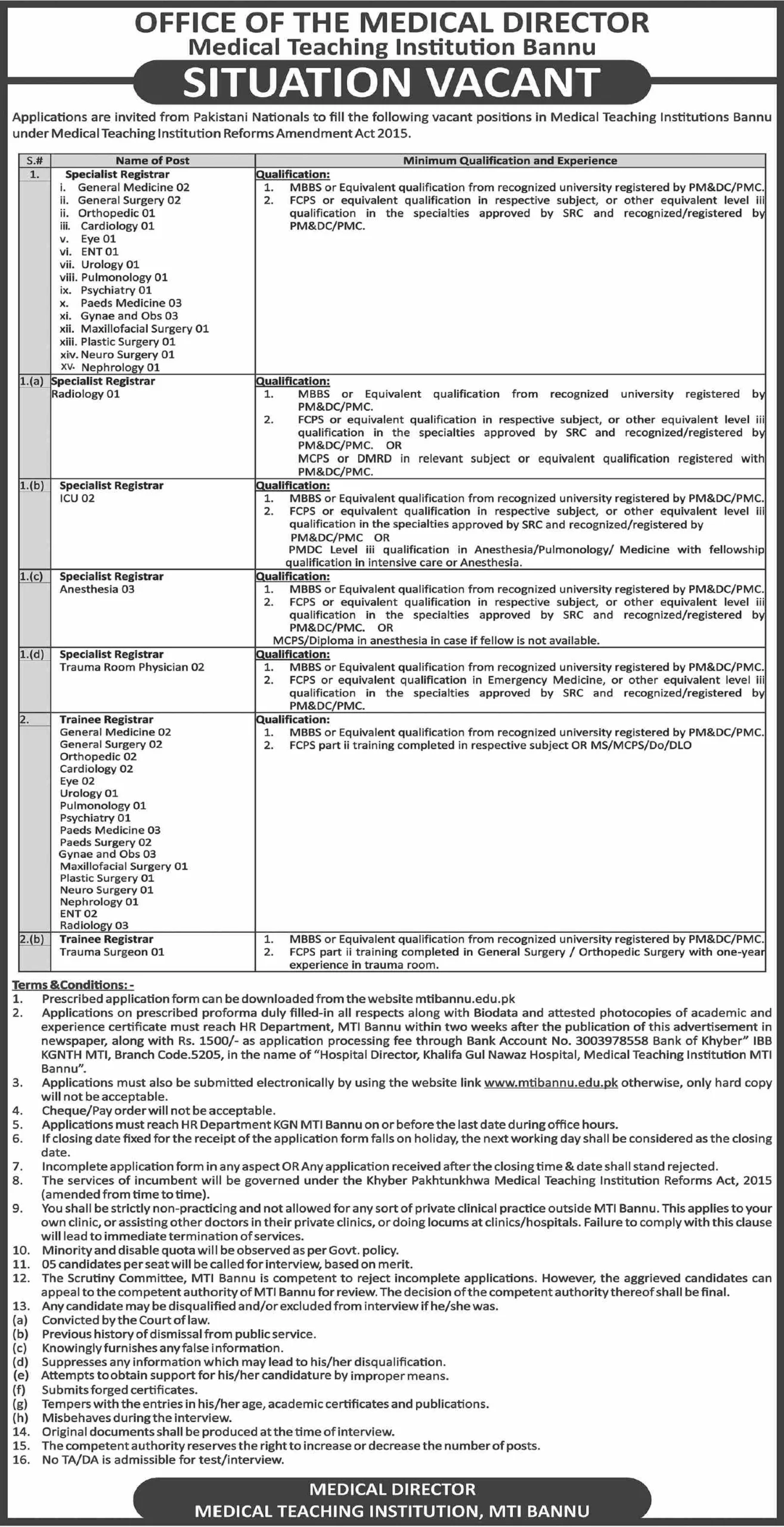 medical teaching institution mti bannu jobs