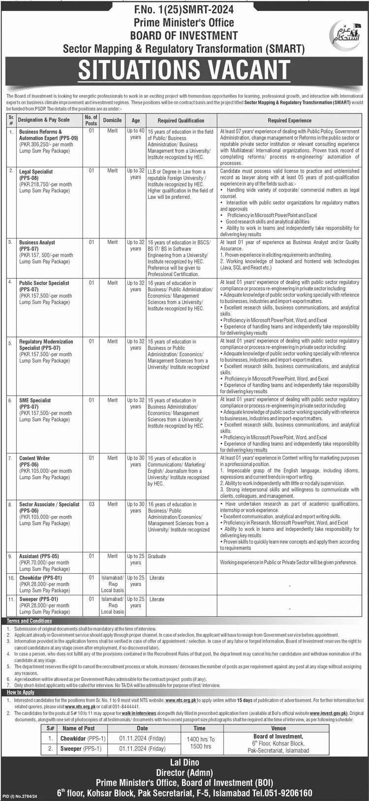 prime minister’s office board of investment jobs