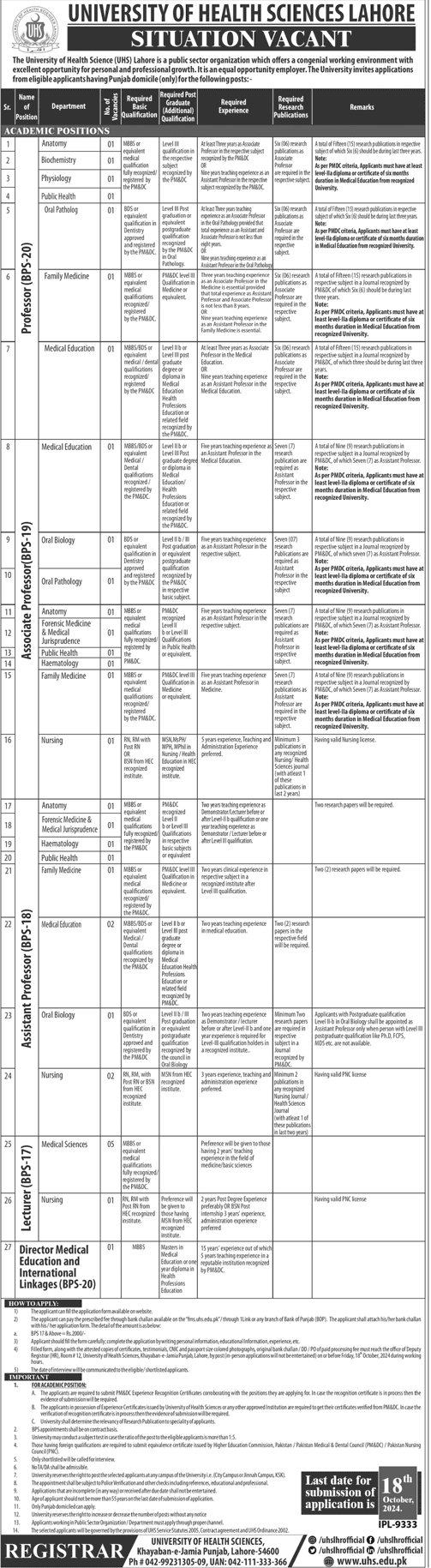 university of health sciences lahore jobs