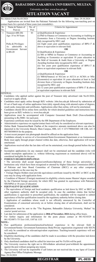 bahauddin zakariya university multan jobs