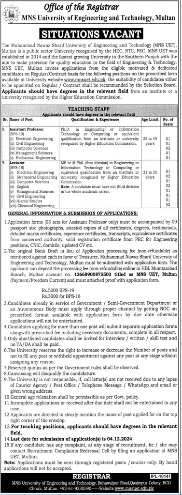 mns university of engineering and technology uet jobs