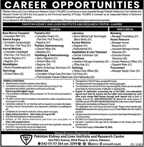 pakistan kidney and liver institute and research center pkli jobs