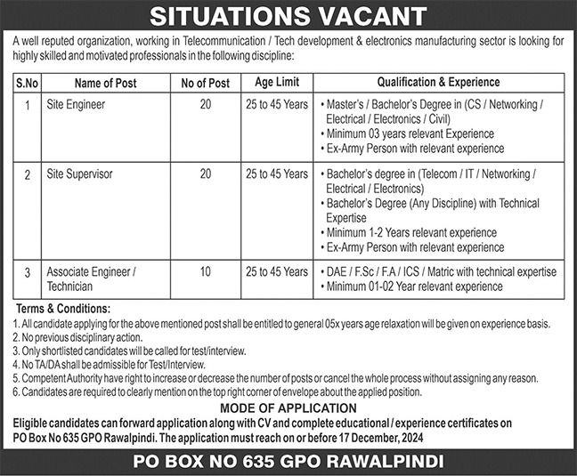 po box no 635 gpo rawalpindi jobs