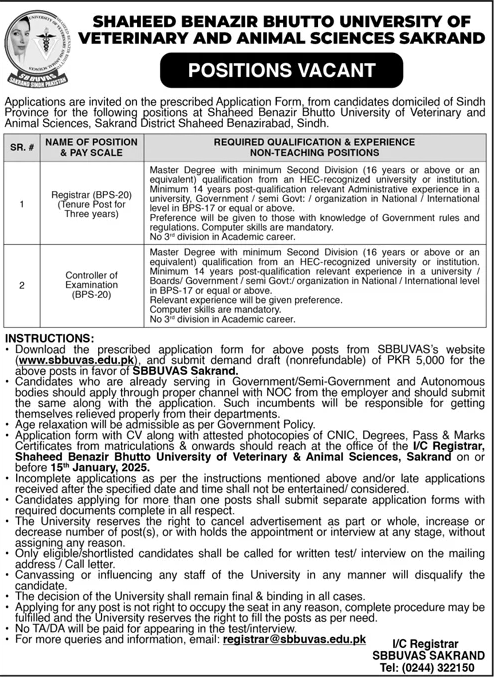 shaheed benazir bhutto university of veterinary and animal sciences jobs