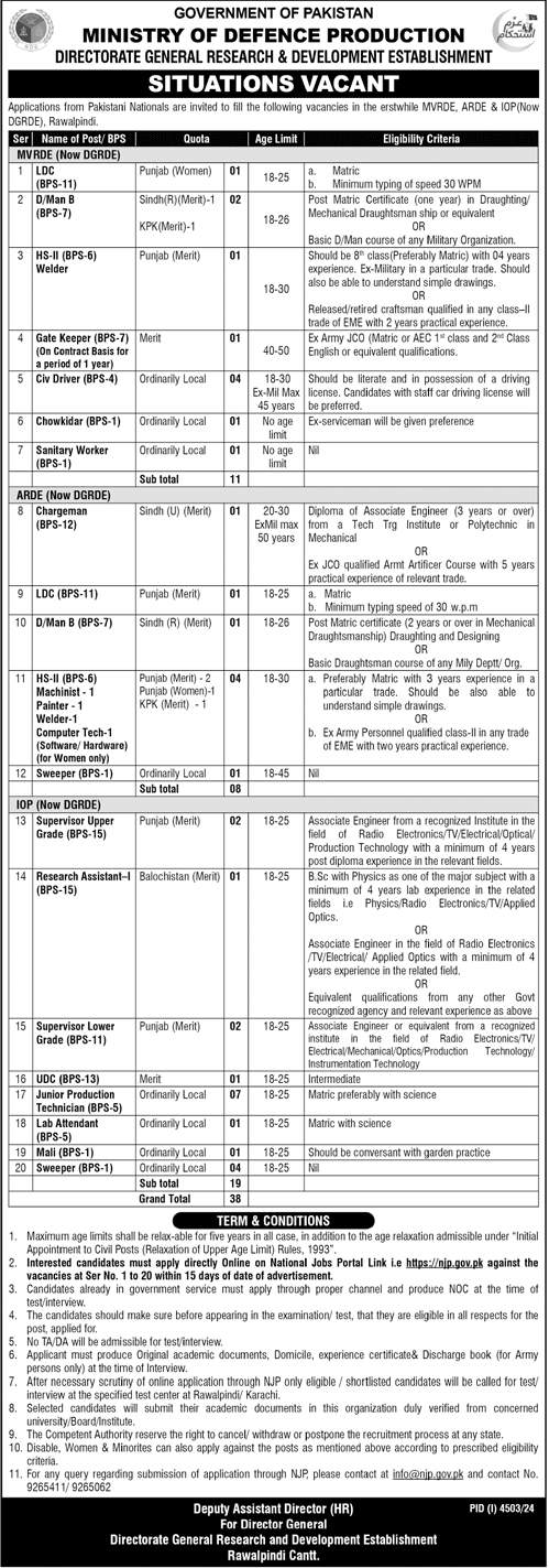 ministry of defence production jobs